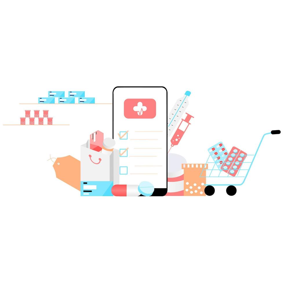 online apotheek app concept van gezondheidszorg, drogisterij en e-commerce. vector van geneesmiddelen op recept, EHBO-kit en medische benodigdheden die online worden verkocht via web- of smartphone-applicatietechnologie.