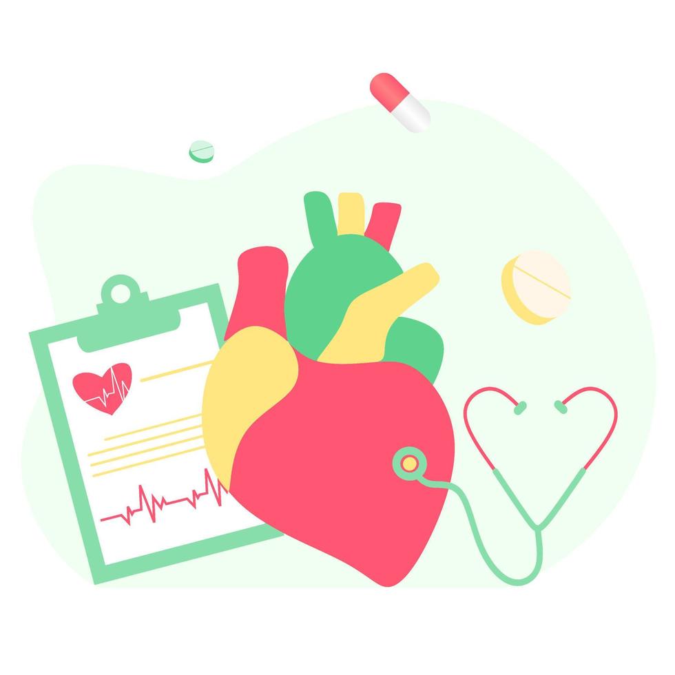 moderne hartmedicatie, onderzoeksconcept voor hartziekten. cardioloog die groot hartmodel, drugs en hartslagdiagram bestudeert. vectorillustratie cardiovasculair systeem, cardiologie, medisch onderzoek. vector