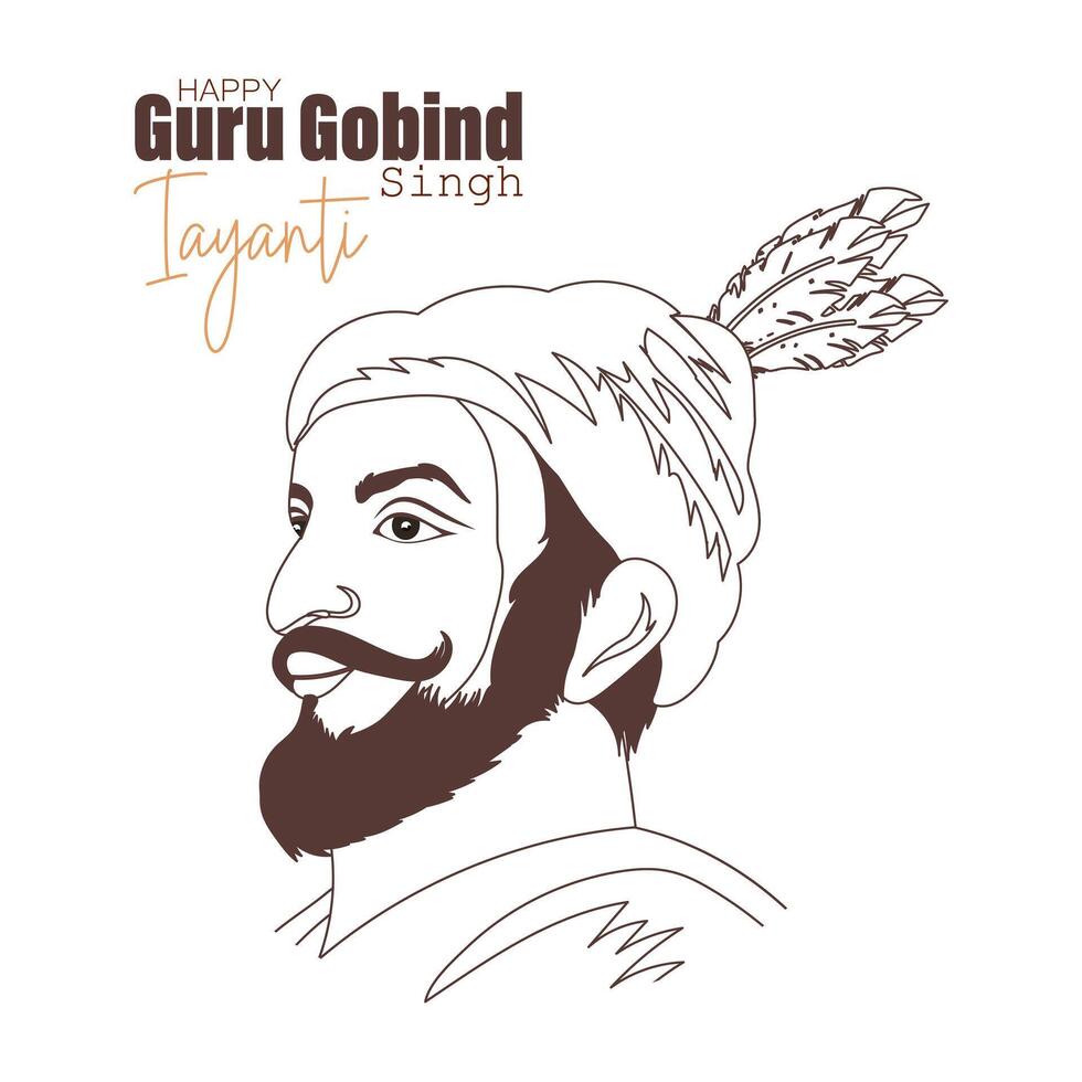 goeroe gobind zingen, laatste Sikh goeroe, held van Indië. lijn kunst vector