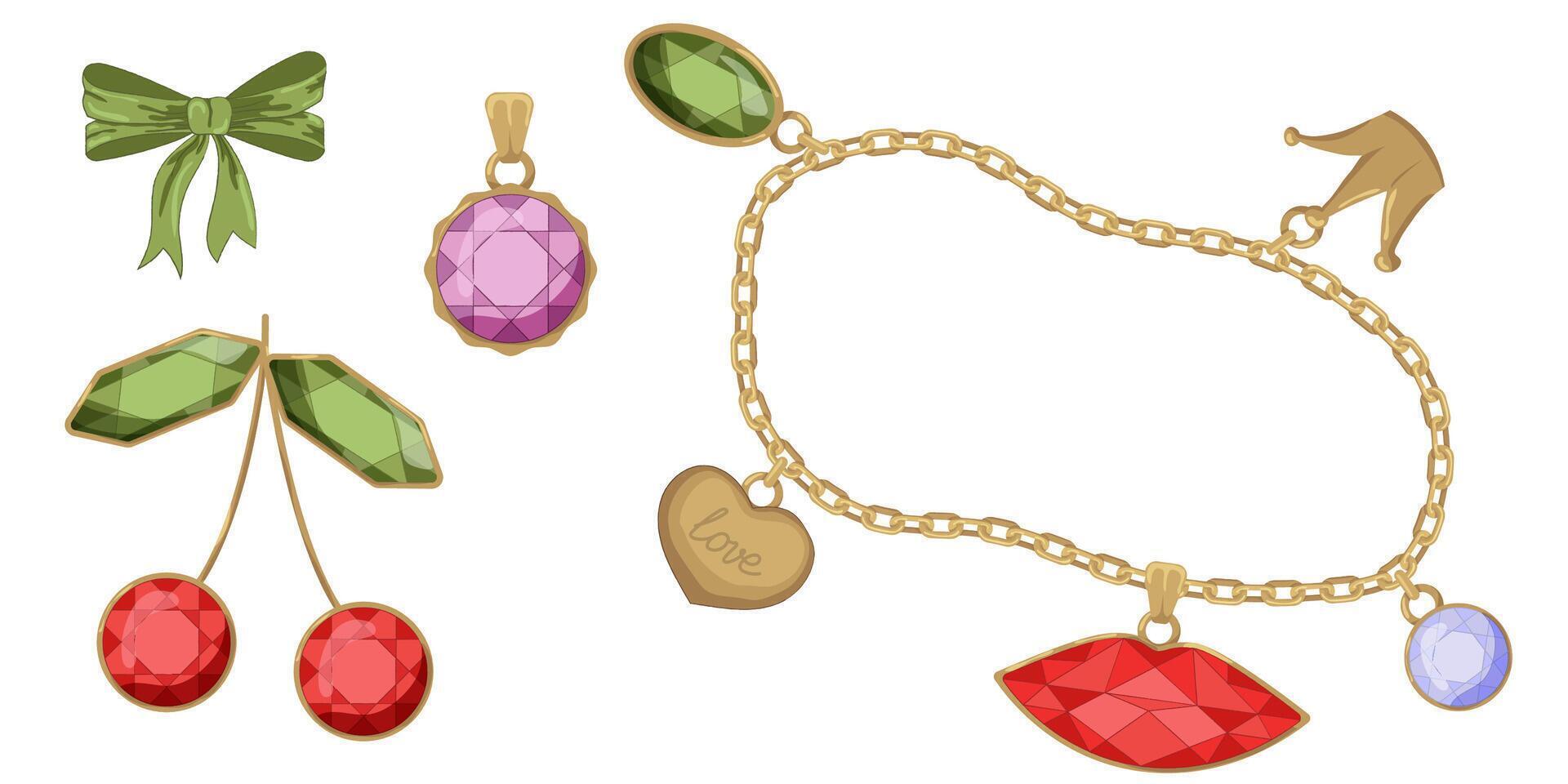 illustratie van meisjesachtig wijnoogst boog en kader lint gouden keten en sieraden set. linten geïsoleerd. modieus coquette meisjes accessoires. vector