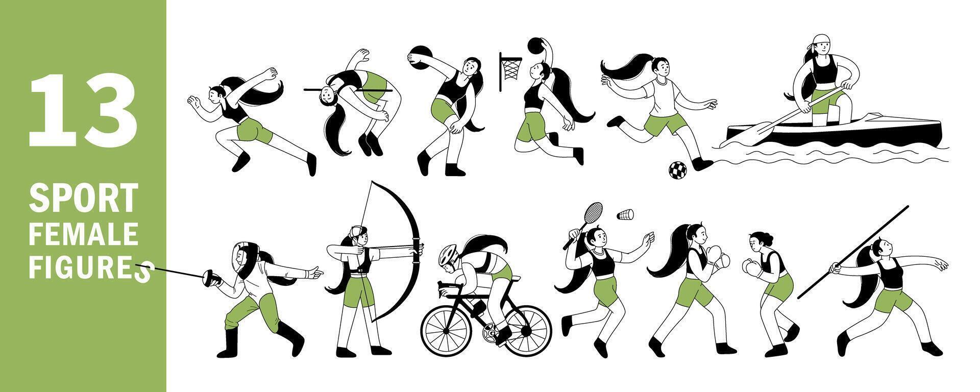 professioneel sport activiteiten set. Dames sporters schets tekens training. basketbal, fietsen, atletiek, Amerikaans voetbal, schermen, boogschieten, badminton, kajakken. voor web, mascotte. lijn illustratie vector