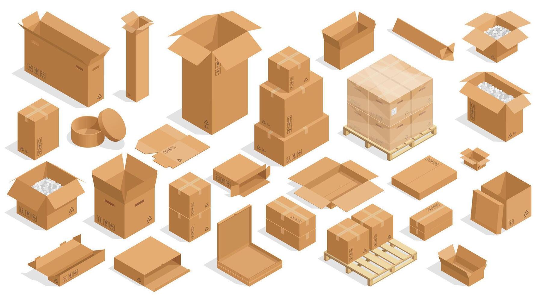 isometrische Open dozen. Gesloten en Open karton karton kratten, plein en rechthoekig verpakking containers. geïsoleerd reeks vector