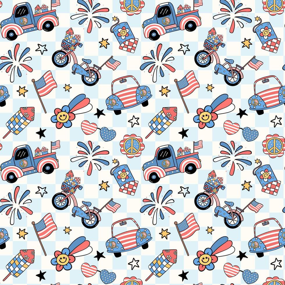 groovy 4e van juli naadloos patroon retro Amerika vuurwerk en vrachtauto modieus tekenfilm karakter geïsoleerd Aan achtergrond vector