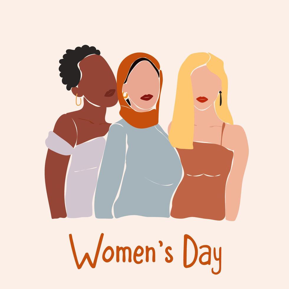 vrouwen dag. gezichtsloos abstract Dames van verschillend etniciteiten vector