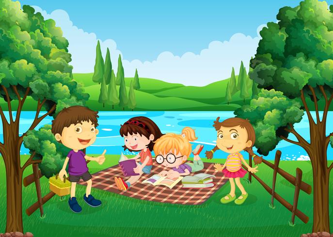 Kinderen met picknick bij de rivier vector