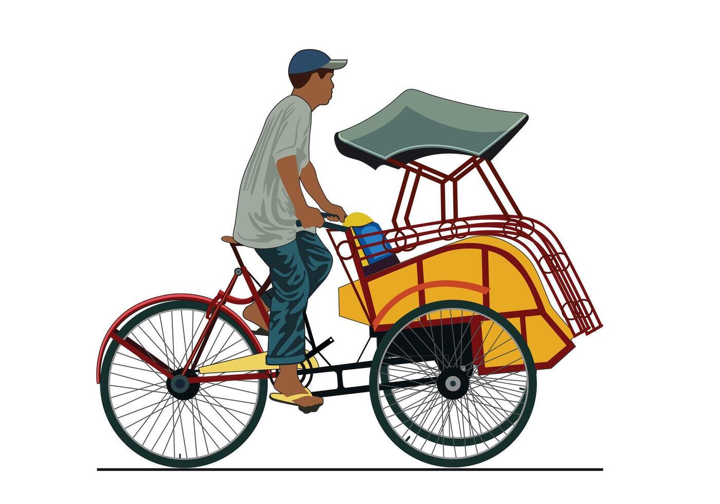 riksja becak yogakarta. een Mens rijden riksja geïsoleerd Aan wit achtergrond. vector