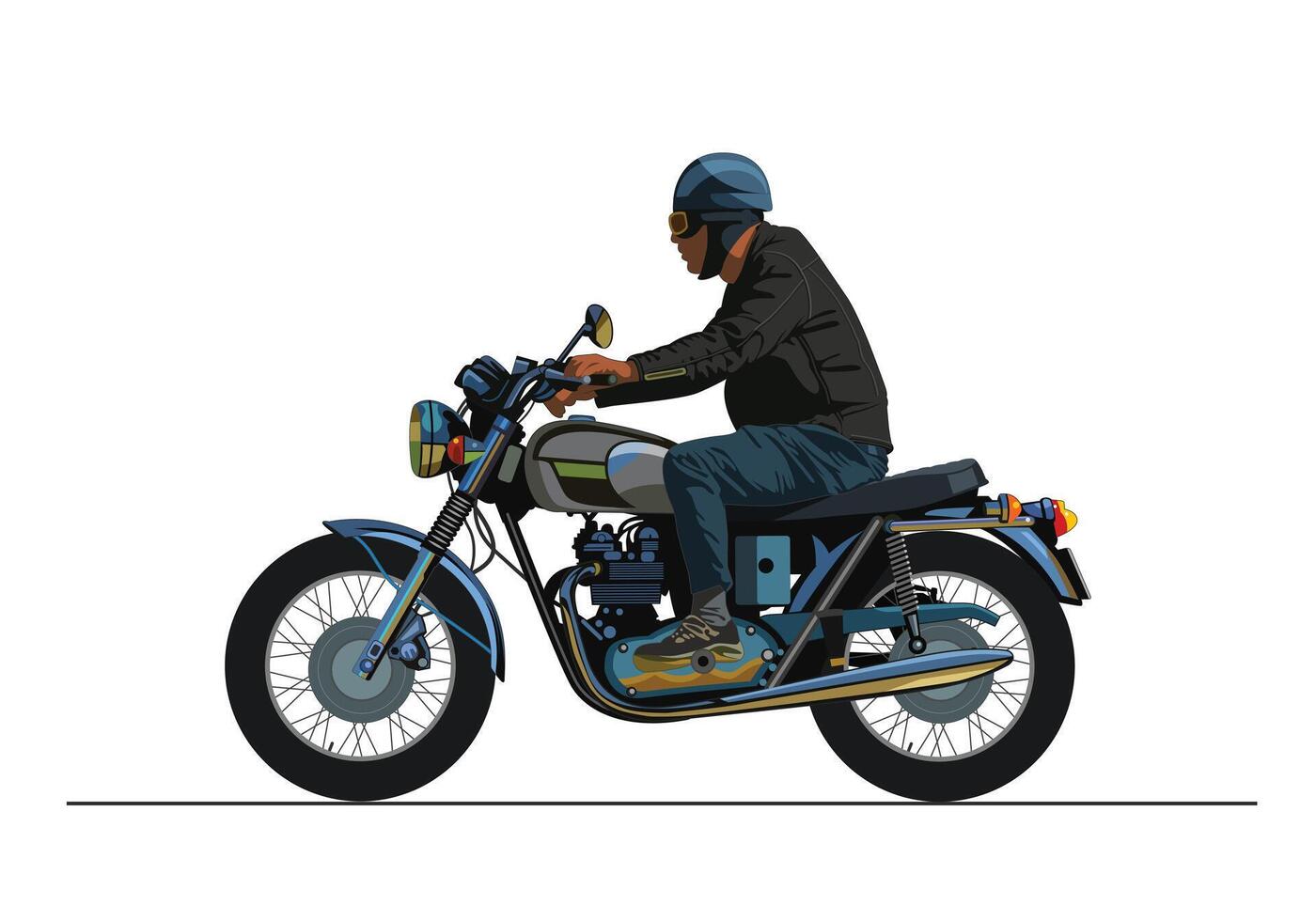 een Mens rijden klassiek motorfiets, wijnoogst motor. geïsoleerd Aan wit achtergrond voor achtergrond ontwerp. vector