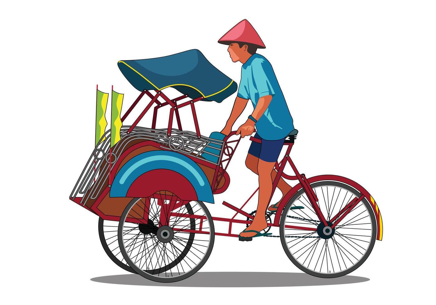 riksja becak yogakarta, een Mens rijden fiets riksja geïsoleerd Aan wit achtergrond. vector