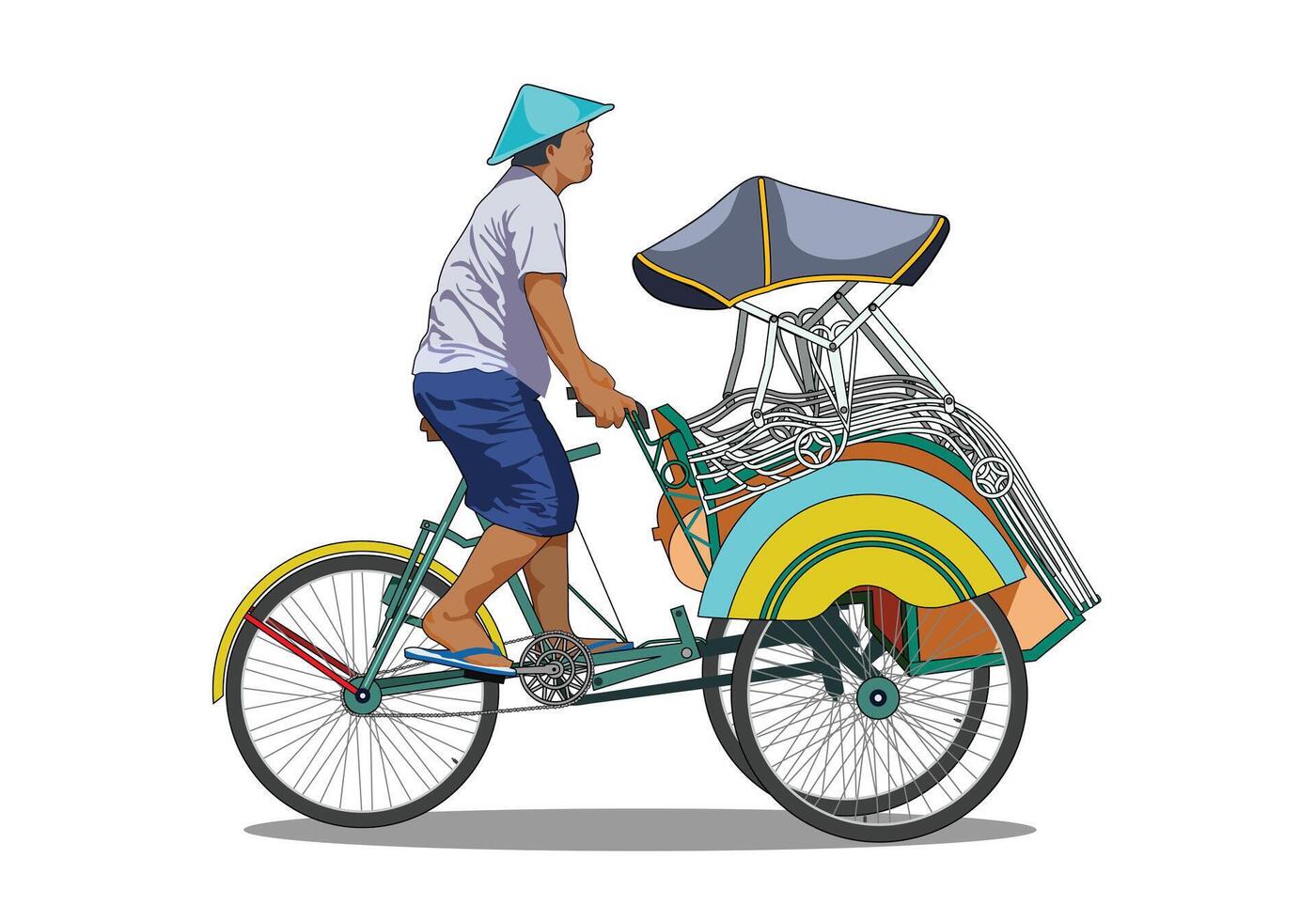 riksja becak yogakarta. een Mens rijden riksja geïsoleerd Aan wit achtergrond. vector