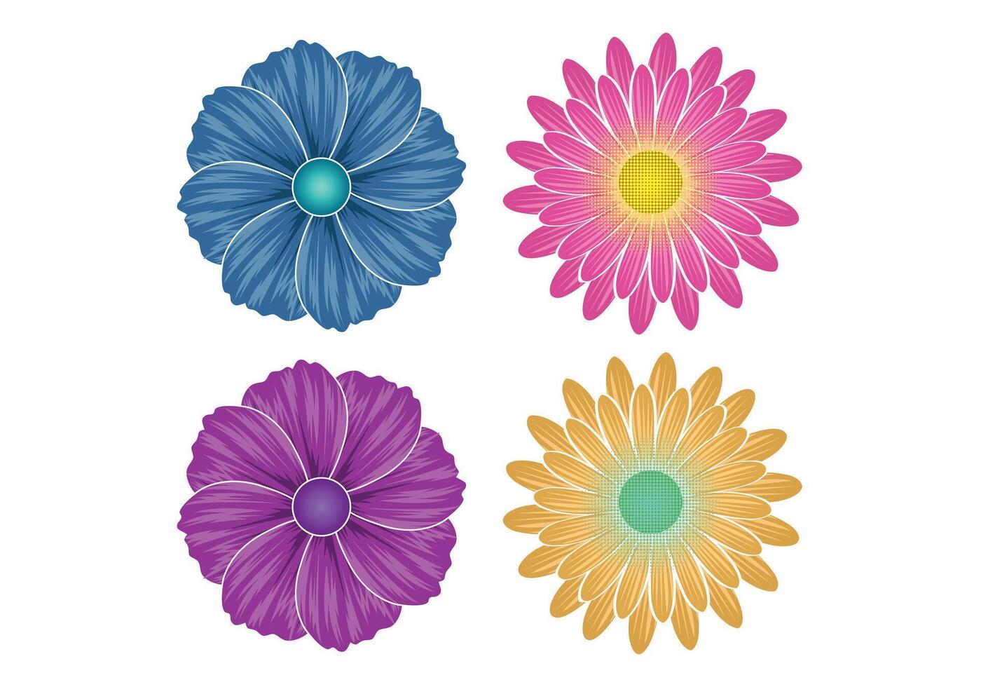 single bloem top visie set. roze Purper geel blauw groen kleur. geïsoleerd Aan wit achtergrond. vector