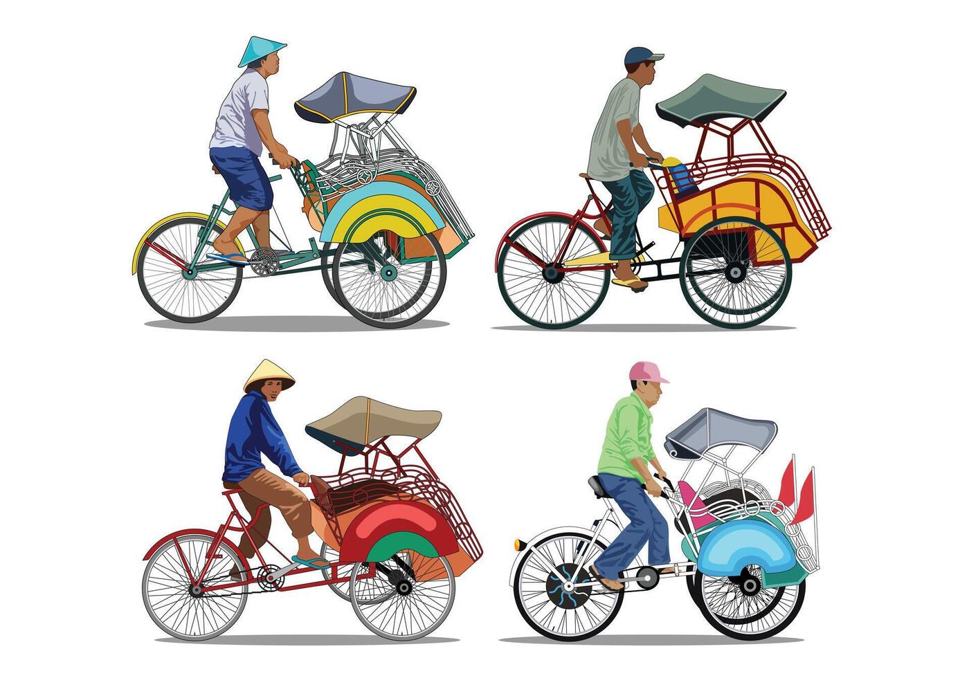 riksja becak Yogyakarta set. geïsoleerd Aan wit achtergrond. vector