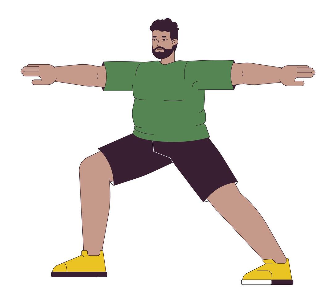 plus formaat zwart Mens aan het doen yoga 2d lineair tekenfilm karakter. zwaarlijvig Afrikaanse Amerikaans mannetje oefenen geïsoleerd lijn persoon wit achtergrond. actief levensstijl kleur vlak plek illustratie vector