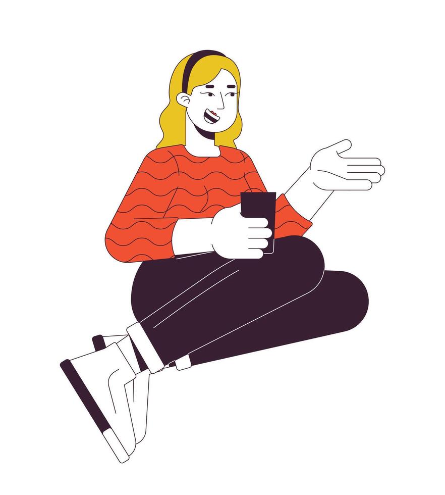 plus formaat vrouw met drinken pratend 2d lineair tekenfilm karakter. golvend Europese vrouw zittend geïsoleerd lijn persoon wit achtergrond. gezond lichaam positief kleur vlak plek illustratie vector