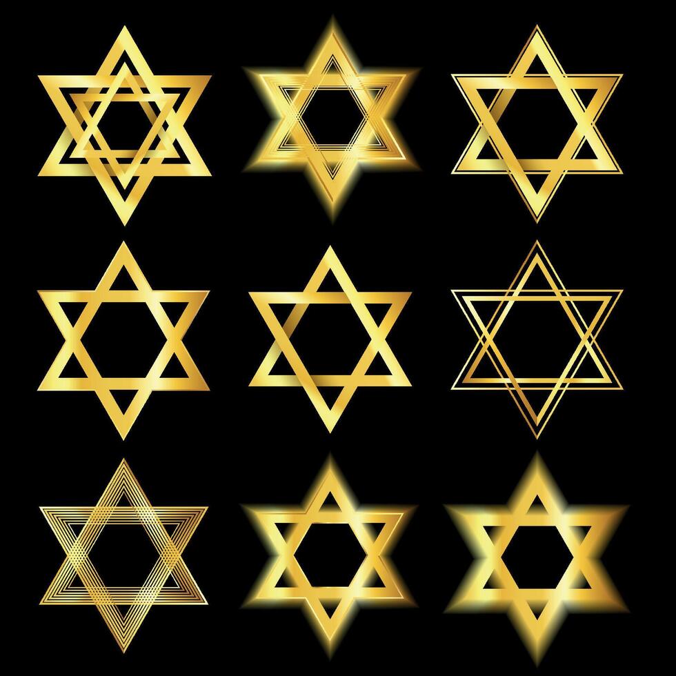luxe gouden gloeiend ster van david verzameling van tekens geïsoleerd Aan een zwart achtergrond.ster van david icoon set.jodendom teken. zes wees ster. illustratie vector