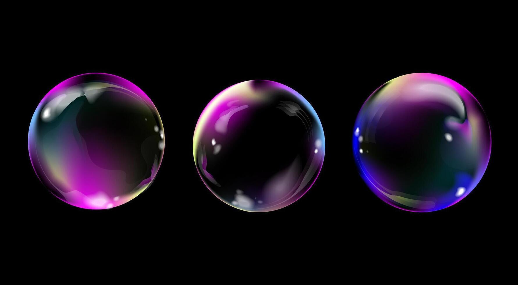 realistisch kleurrijk zeep bubbels reeks geïsoleerd Aan zwart achtergrond. transparant realistisch zeep bubbels van ronde vorm geven aan, modieus 3d ontwerp element voor poster, behang, banier, folder, omslag, enz. vector