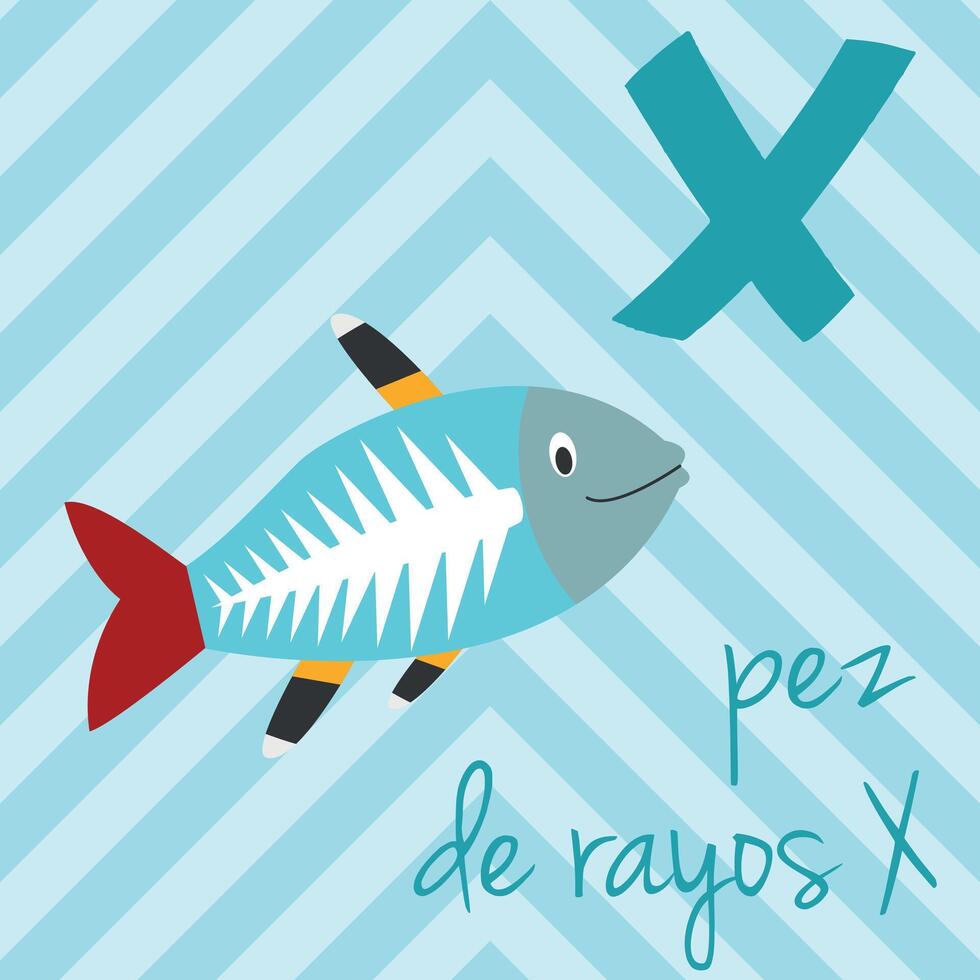 schattig tekenfilm dierentuin geïllustreerd alfabet met grappig dieren. Spaans alfabet. X voor X straal vis in Spaans. leren naar lezen. geïsoleerd illustratie. vector