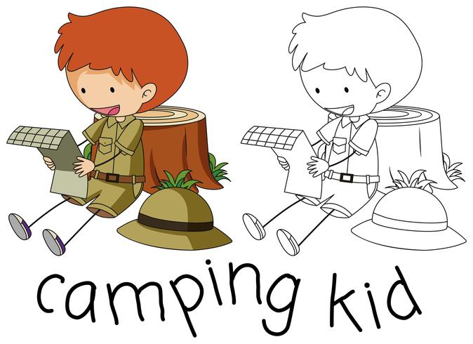 Doodle camping kid karakter vector