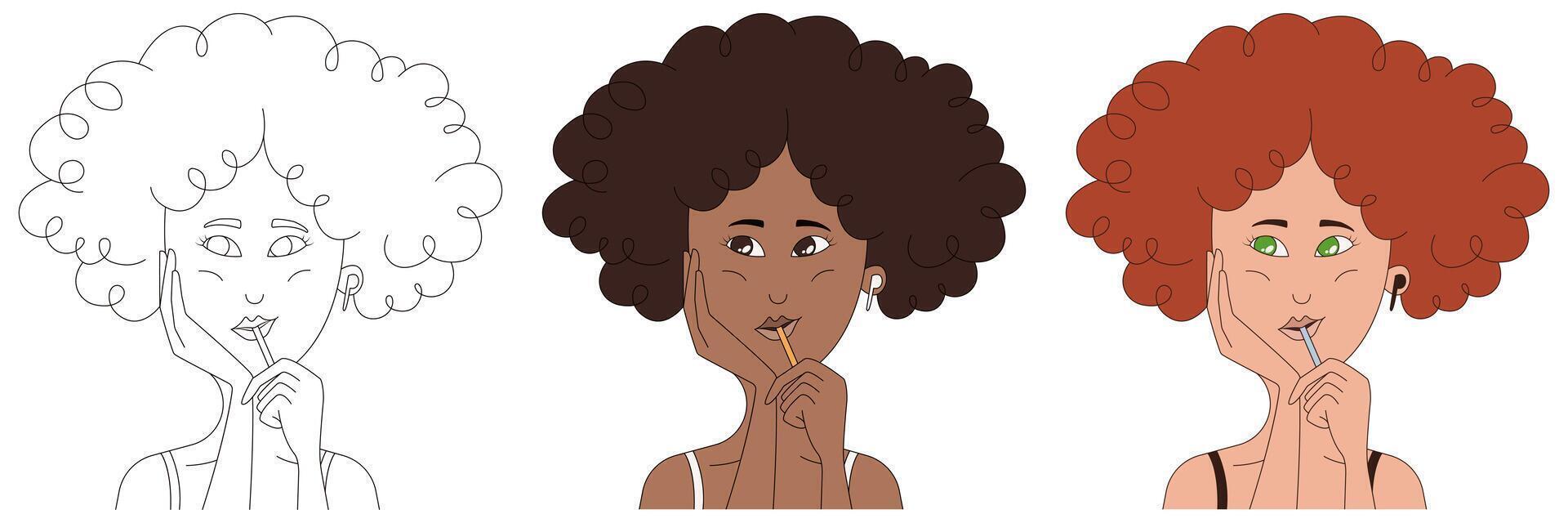 mooi vlak mode portret van jong vrouw. reeks van dromerig meisjes met weelderig kapsels. wit en zwart model. afbeeldingen voor avatar, sociaal netwerken, cosmetica, schoonheid salon, kleding merk, geneesmiddelen. vector