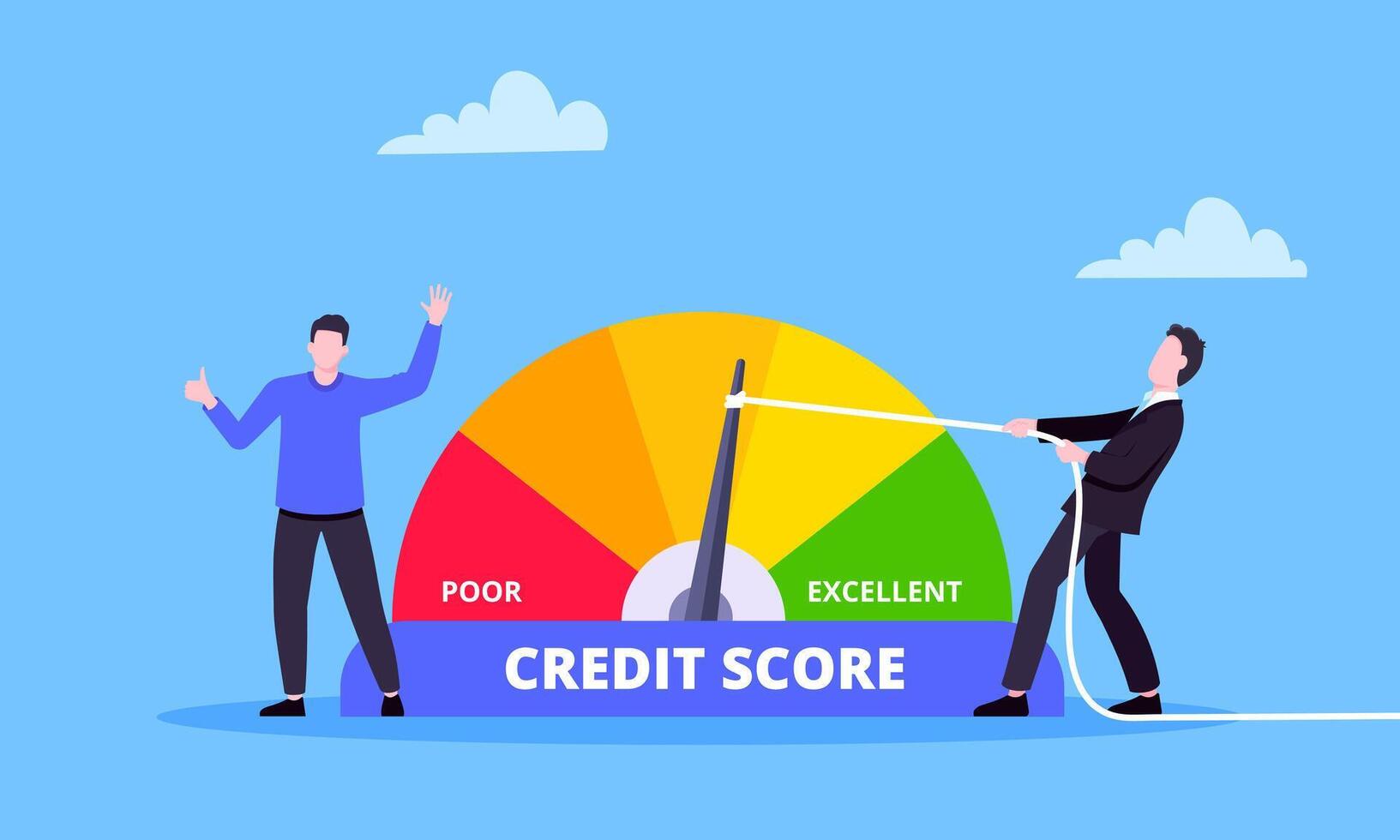 man duwt credit score pijlmeter snelheidsmeter indicator met kleurniveaus. vector