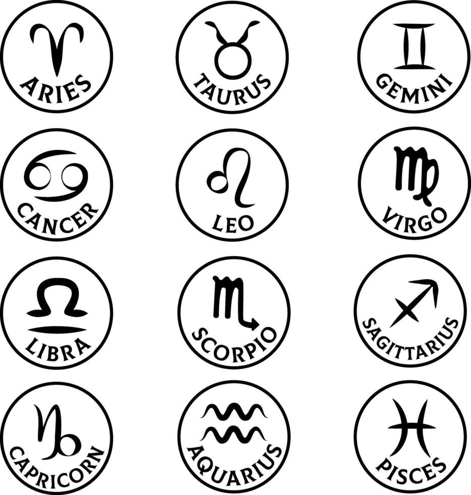 Ontdek de galactisch dierenriem pictogrammen verzameling met mysticus astrologie symbolen Aan een wit achtergrond. perfect voor horoscoop enthousiastelingen en geliefden van esoterisch vector