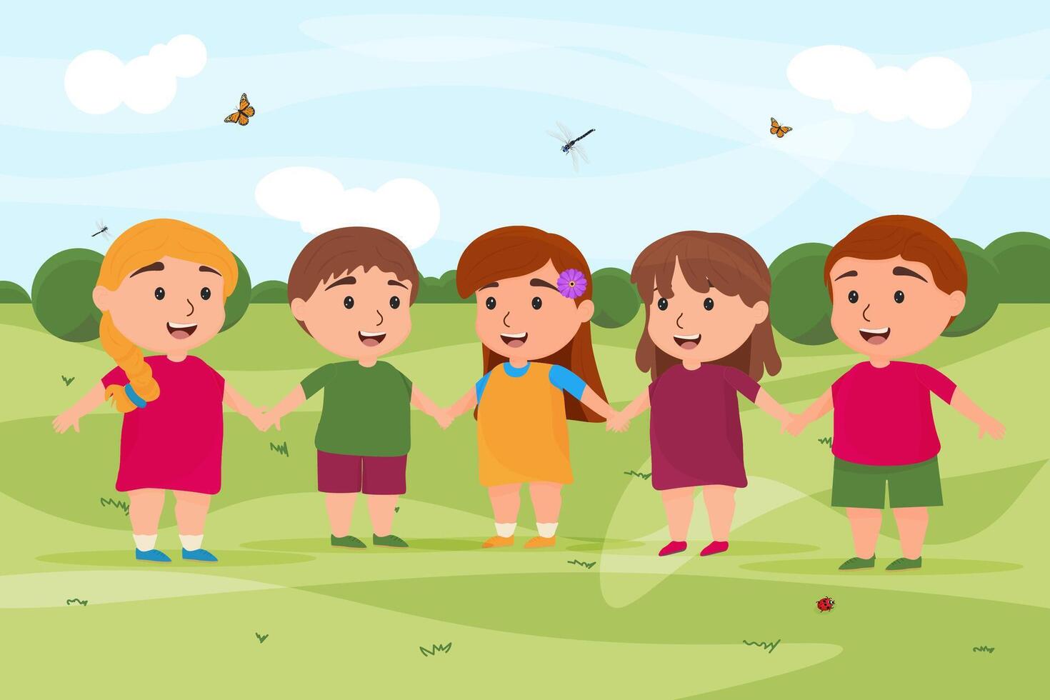 tekenfilm schattig kinderen spelen in natuur. zomer of voorjaar landschap. illustratie vector