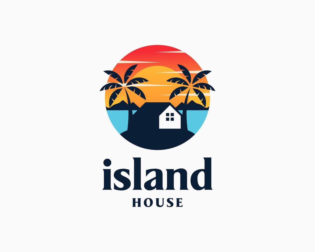 eiland palm boom strand zee oceaan zon huis huis villa vakantie cirkel logo ontwerp illustratie vector