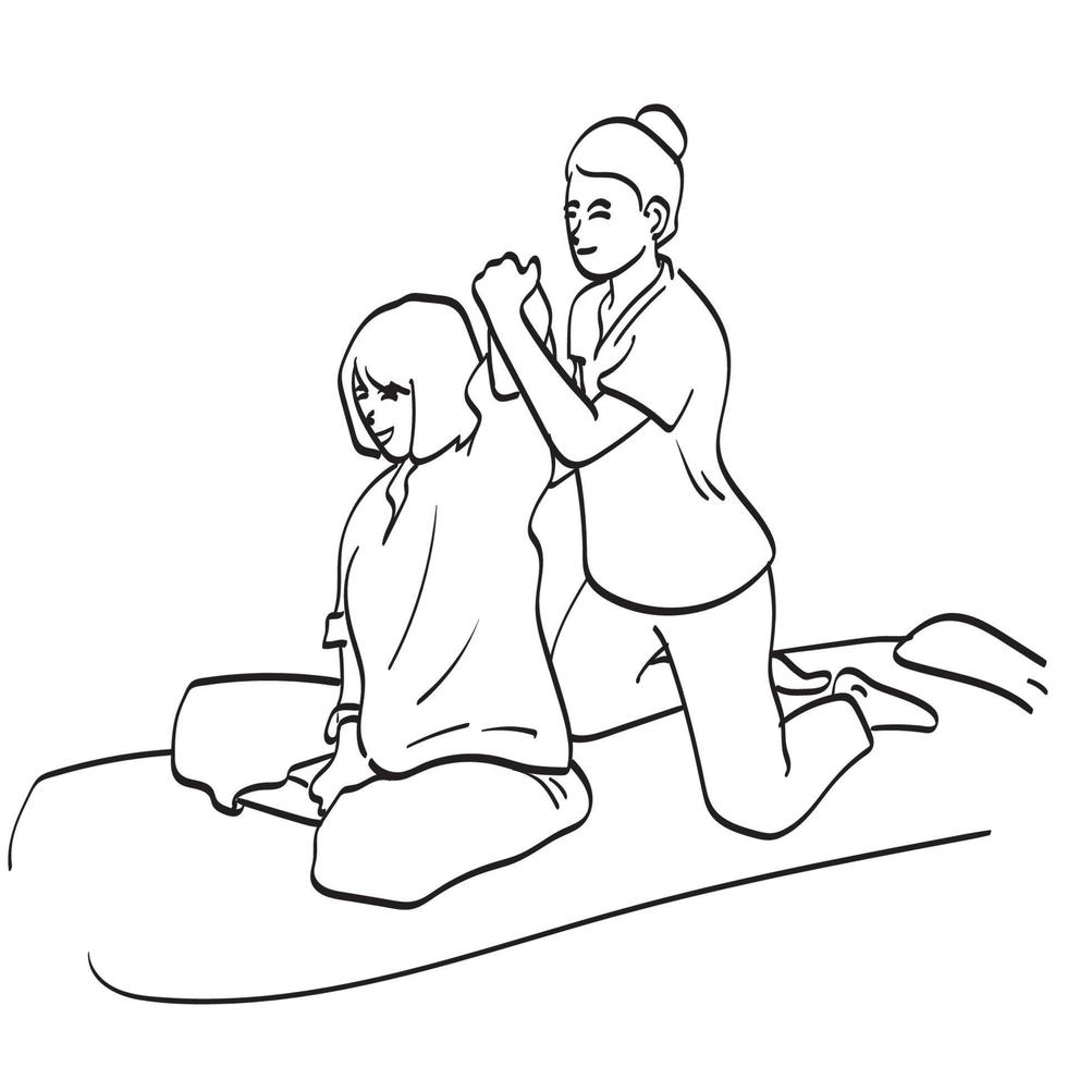 Thaise massage en spa voor genezing en ontspanning illustratie vector geïsoleerd op witte achtergrond lijntekeningen.