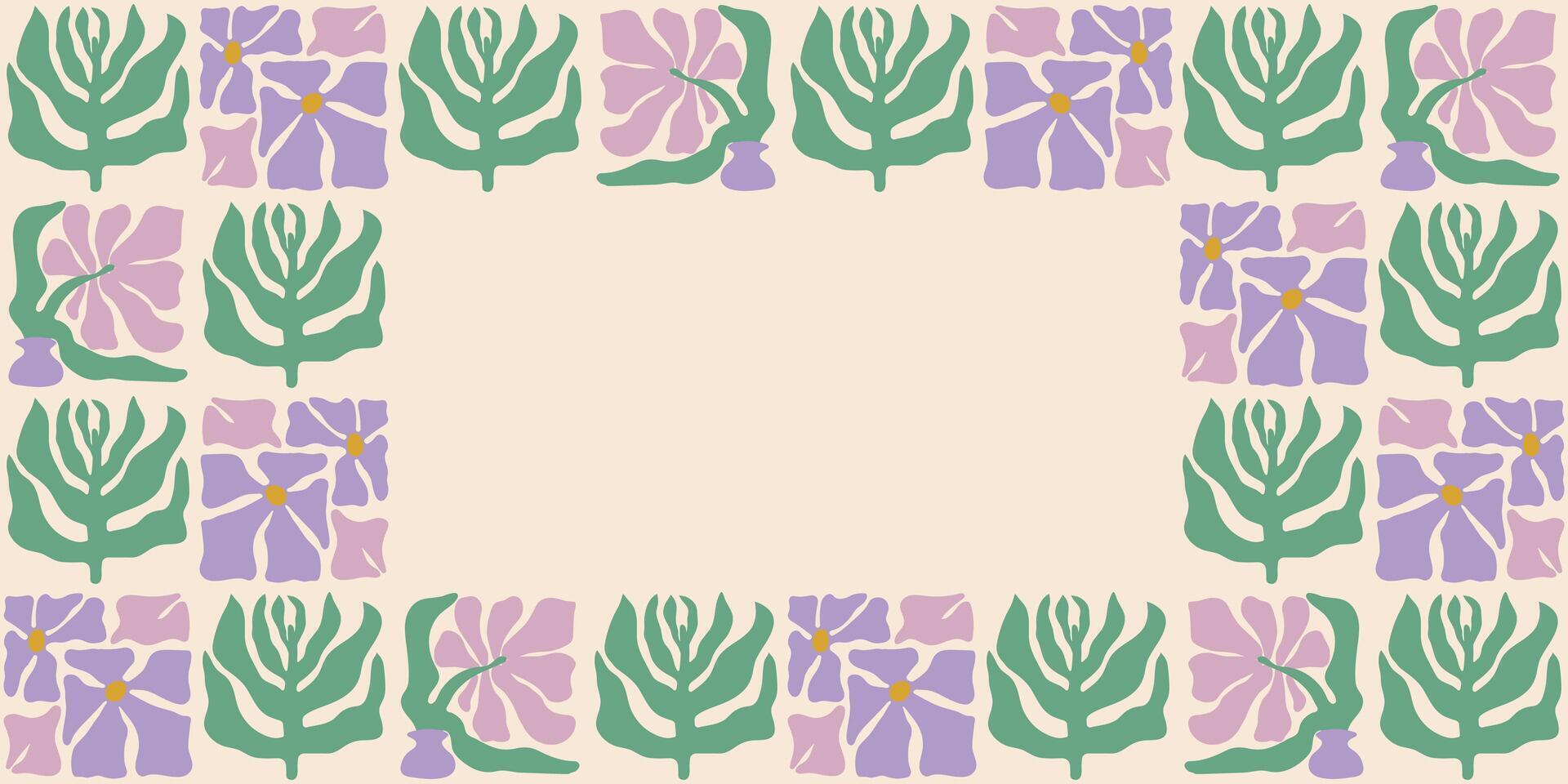 kleurrijk retro stijl rechthoekig kader met lavendel bloemen en bladeren. wijnoogst stijl hippie clip art element ontwerp verzameling. hand- getrokken natuur collage, zomer blanco sjabloon met bloemen. vector