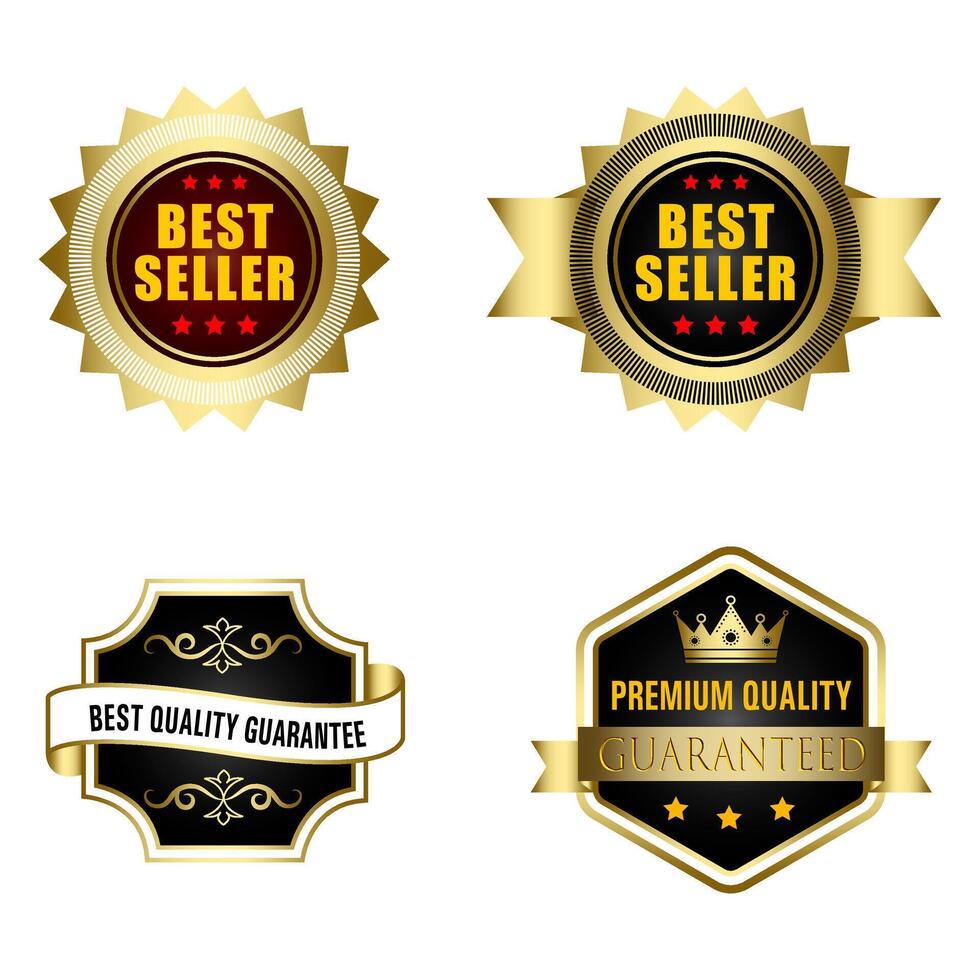 reeks van kwaliteit badges en etiketten ontwerp elementen. gouden insigne etiketten en laurier retro wijnoogst verzameling. embleem premie luxe logo in retro stijl sjabloon badges verzameling. vector