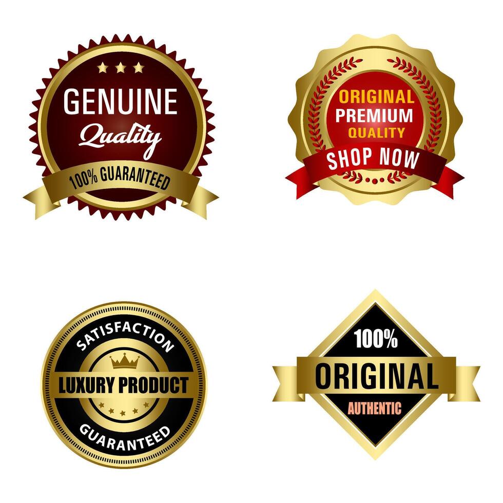 reeks van kwaliteit badges en etiketten ontwerp elementen. gouden insigne etiketten en laurier retro wijnoogst verzameling. embleem premie luxe logo in retro stijl sjabloon badges verzameling. vector