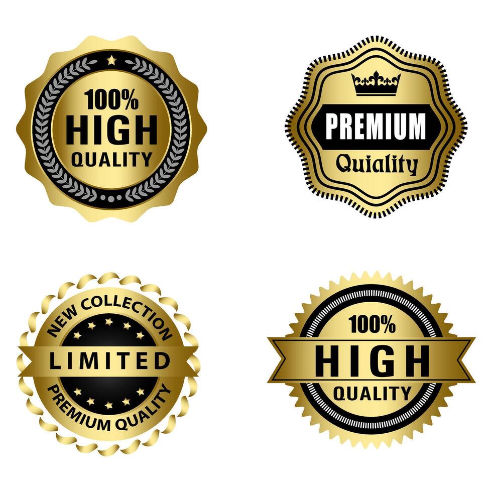 reeks van kwaliteit badges en etiketten ontwerp elementen. gouden insigne etiketten en laurier retro wijnoogst verzameling. embleem premie luxe logo in retro stijl sjabloon badges verzameling. vector