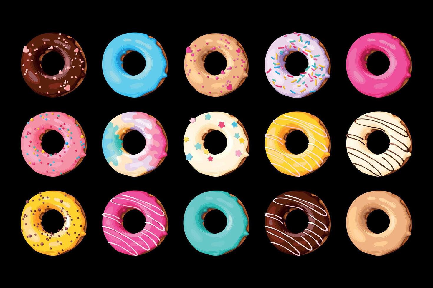 reeks van hoog gedetailleerd smakelijk donuts met glazuur en hagelslag vector