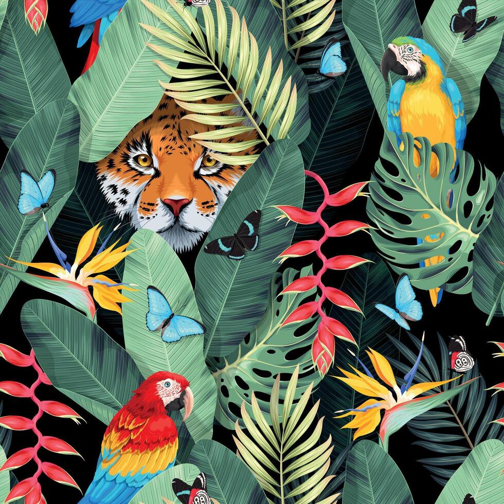 naadloos patroon met tropisch vogels, jaguar en palm bladeren met tropisch bloemen vector