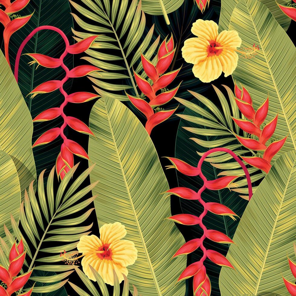 naadloos patroon met rood en geel tropisch bloemen en palm bladeren vector