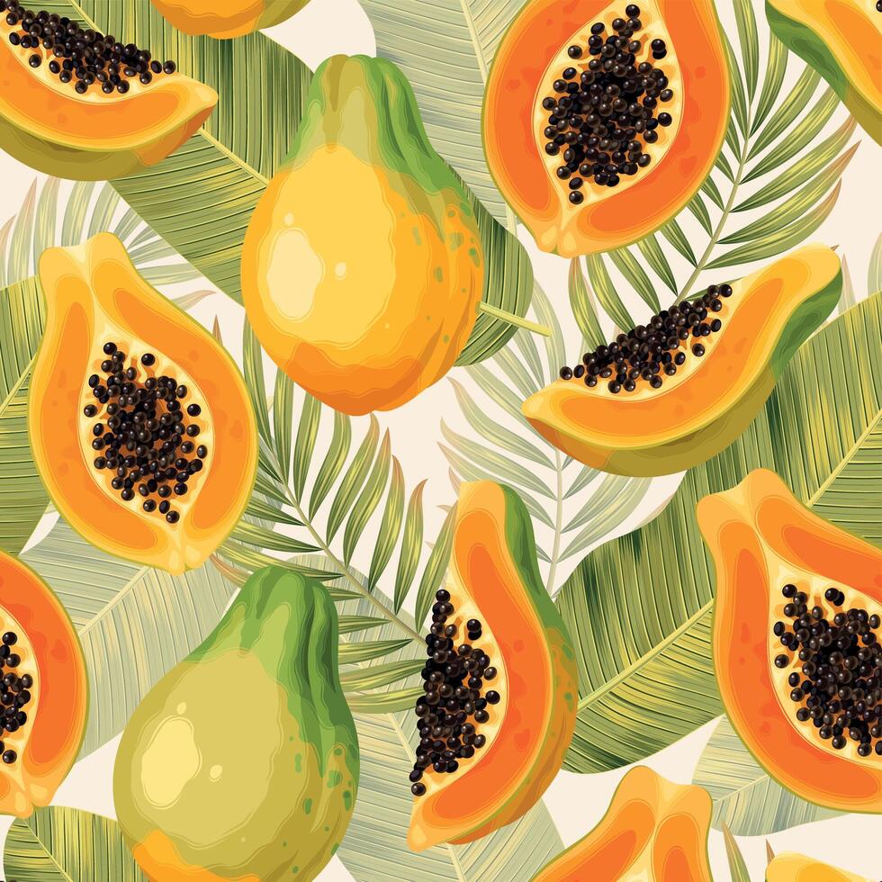 naadloos patroon met papaja en palm bladeren Aan zwart achtergrond vector