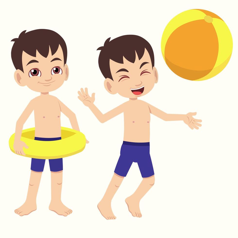 schattig jong jongen vervelend zwempak Holding zwemmen ring en spelen strand bal vector