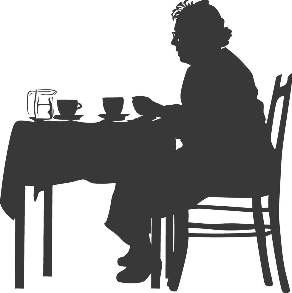 silhouet ouderen vrouw zittend Bij een tafel in de cafe vector