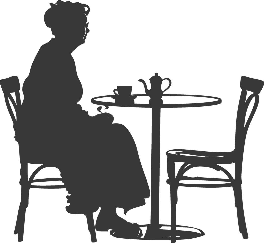 silhouet ouderen vrouw zittend Bij een tafel in de cafe vector