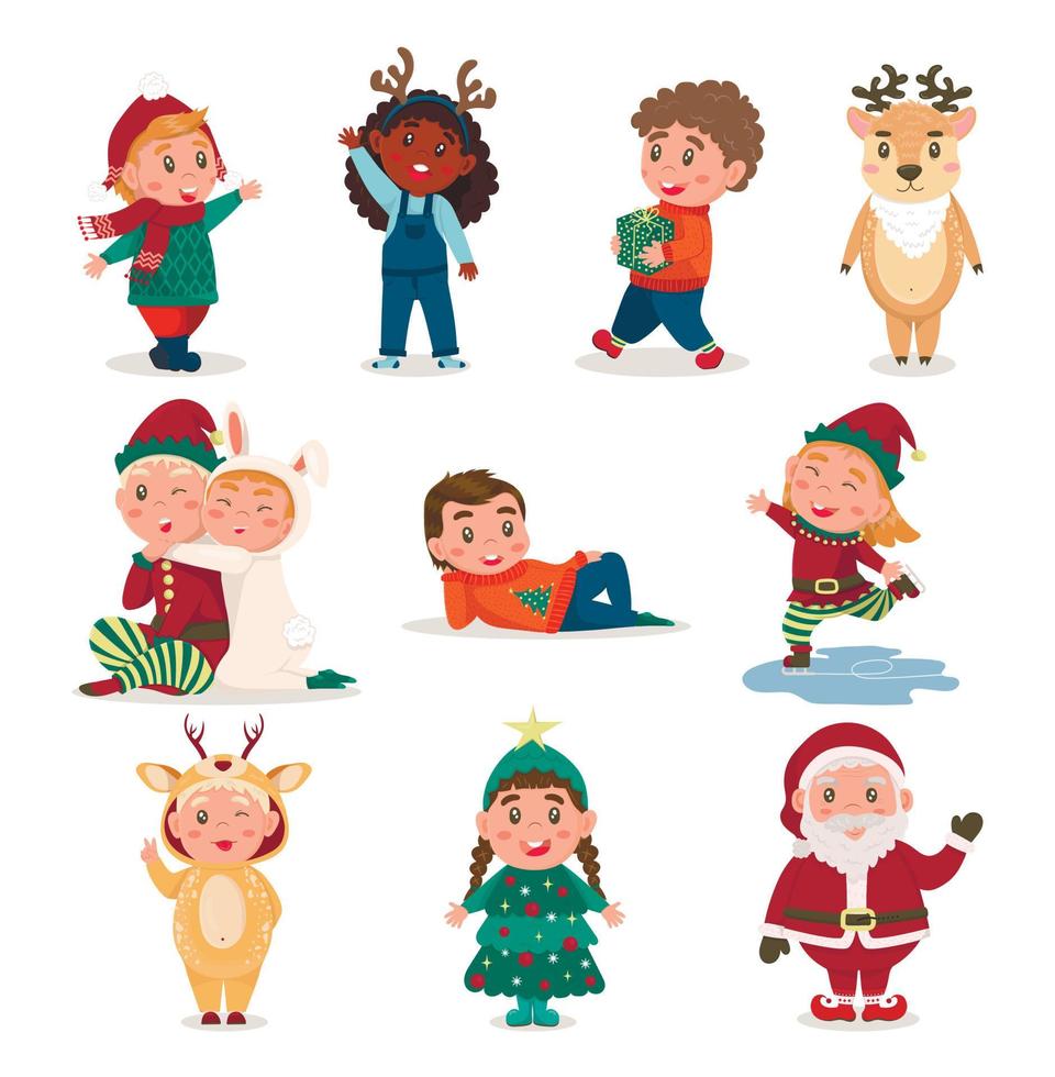 set kerstkarakters. kinderen in kerstkostuums. winter vakantie. jongen met een geschenk, meisje schaatsen, zwaaiend met haar hand, knuffelen, vreugde, hert, jongen in kigurumi. dynamische karakters vector