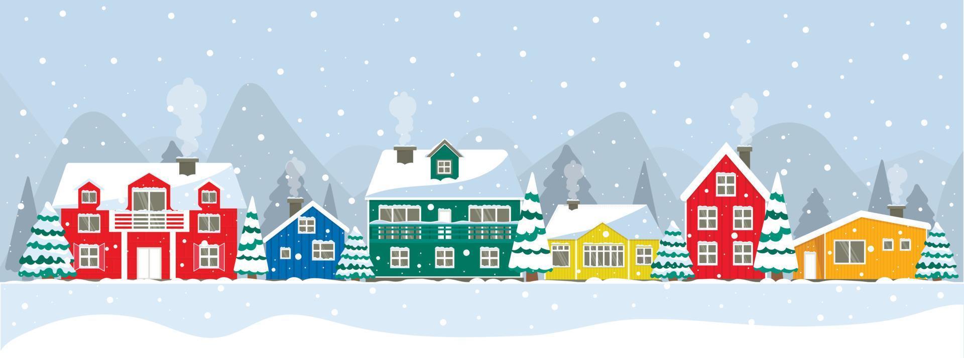 set van kleurrijke huizen. rood, oranje, groen, blauw huis van de inwoners van Groenland, IJsland, Noordpool, Holland. besneeuwd dak en ramen, de buitenkant van het nieuwe jaar. kerstboom in de tuin vector