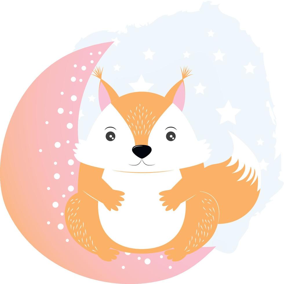 oranje roodharige eekhoorn zit op de halve maan. tekening voor de kinderkamer. vectorillustratie van een dier op een witte achtergrond met stars.childrens poster sjabloon, schattige dieren. vector