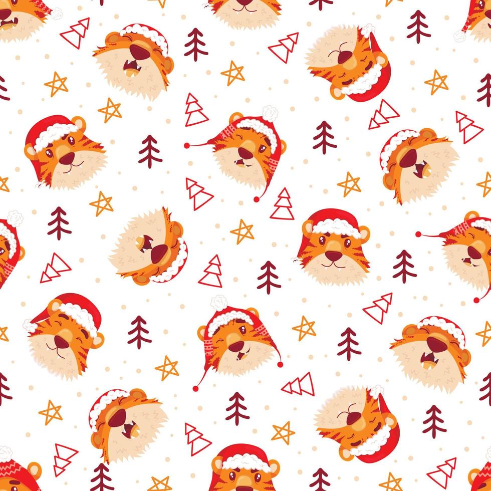 naadloze patroon met kerst chinese tijgers. nieuwjaar symbool. platte cartoonstijl. verschillende emoties en houdingen vector