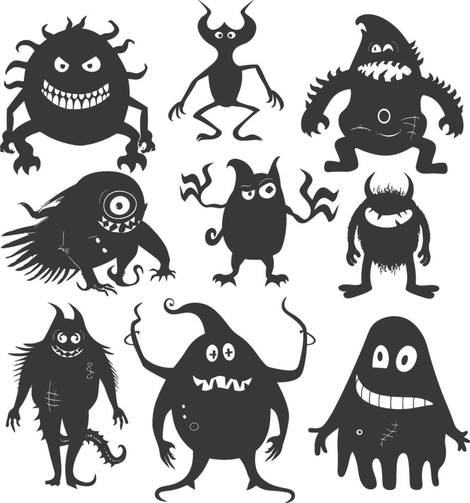 silhouet grappig monsters verzameling reeks zwart kleur enkel en alleen vector