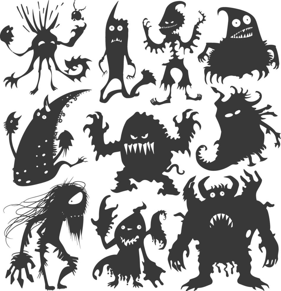 silhouet grappig monsters verzameling reeks zwart kleur enkel en alleen vector