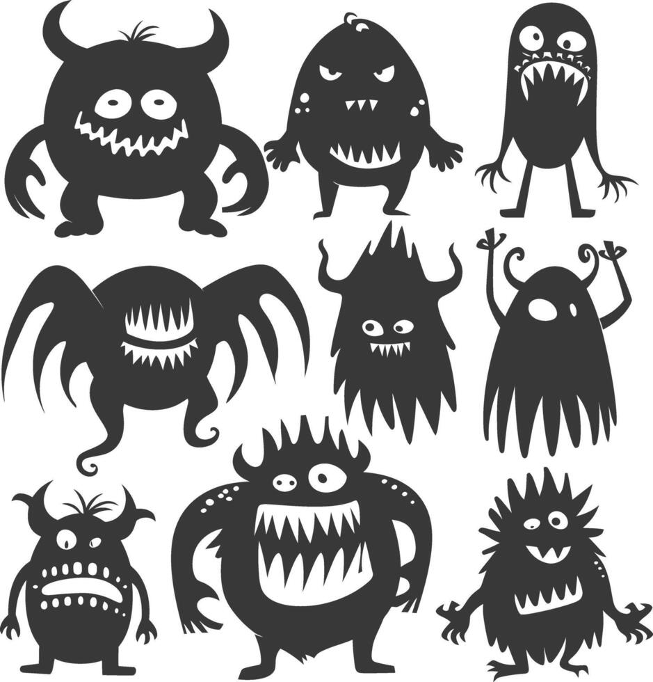 silhouet grappig monsters verzameling reeks zwart kleur enkel en alleen vector