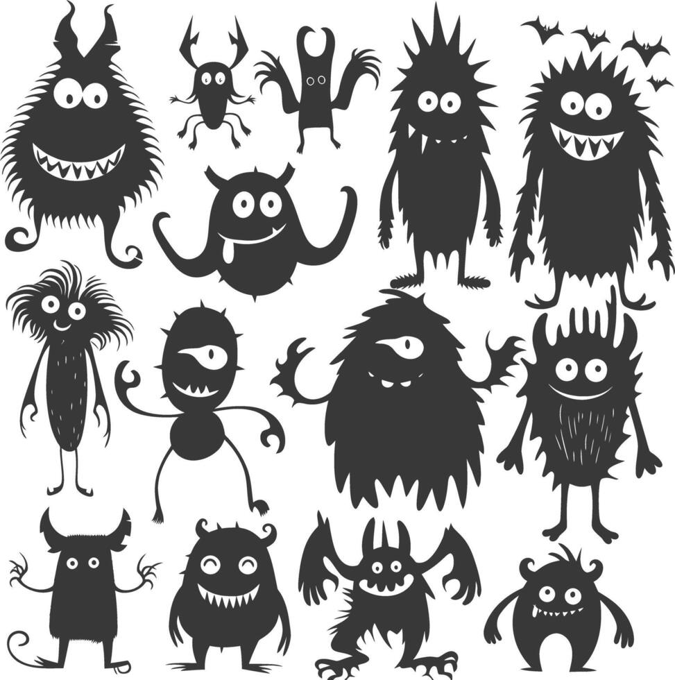 silhouet grappig monsters verzameling reeks zwart kleur enkel en alleen vector