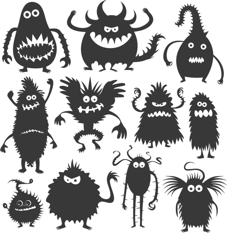 silhouet grappig monsters verzameling reeks zwart kleur enkel en alleen vector