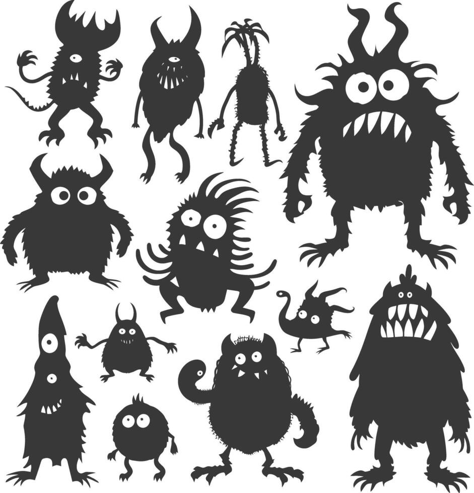 silhouet grappig monsters verzameling reeks zwart kleur enkel en alleen vector