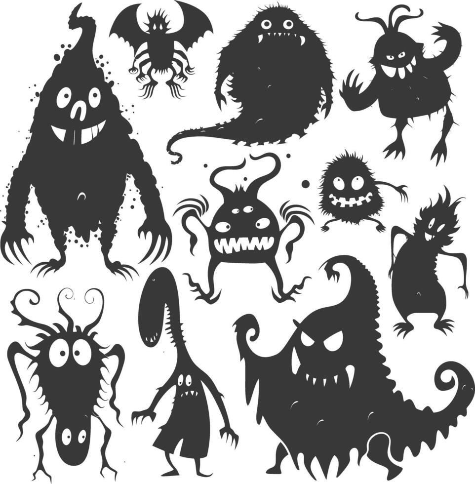 silhouet grappig monsters verzameling reeks zwart kleur enkel en alleen vector