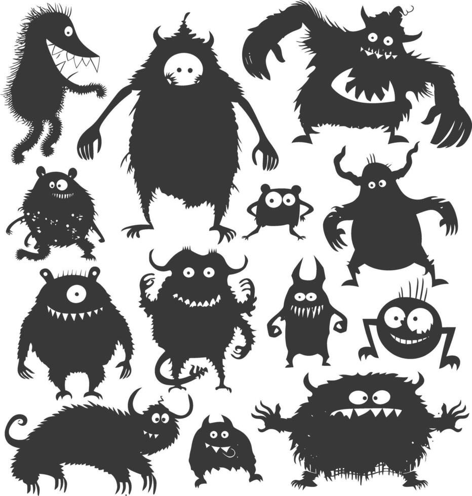 silhouet grappig monsters verzameling reeks zwart kleur enkel en alleen vector